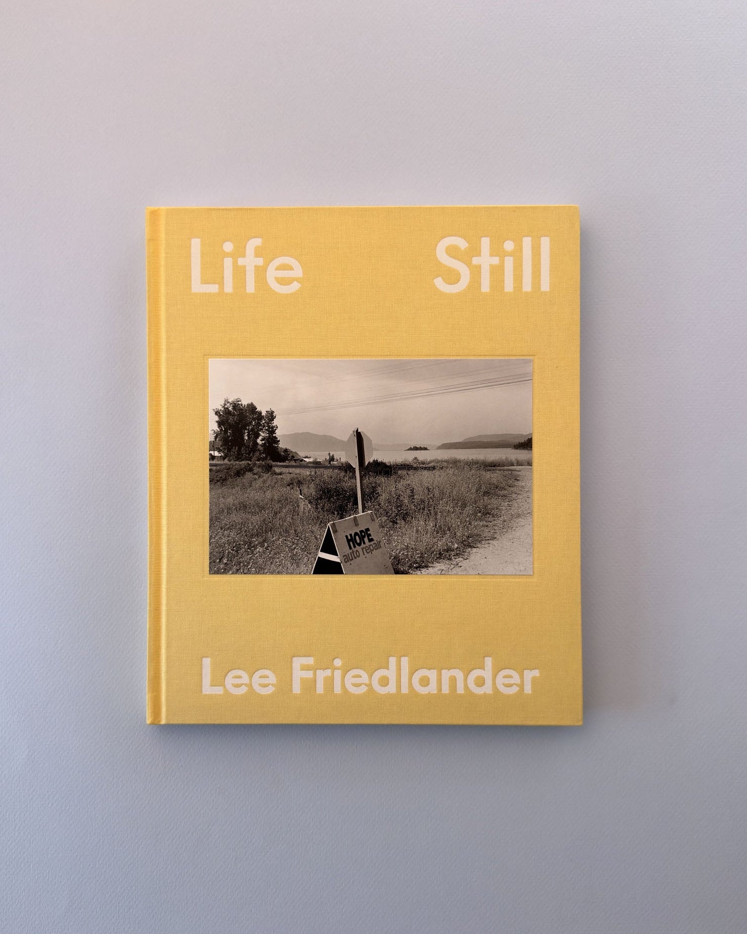 A hardcover book titled 'Life Still' by Lee Friedlander, featuring a mustard yellow cover with a central black-and-white landscape photograph, photographed against a neutral light gray background.